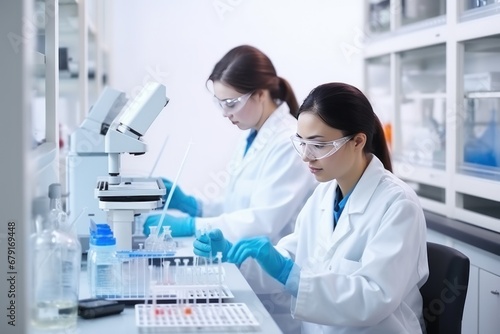 People working in the modern laboratory for the study viruses. The concept of creation and production of the latest generation of drugs. Business and competition in the field of pharmacology.