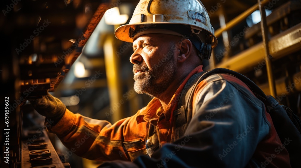 An operator working doing maintenance tasks on an oil An operator working doing maintenance tasks on an oil