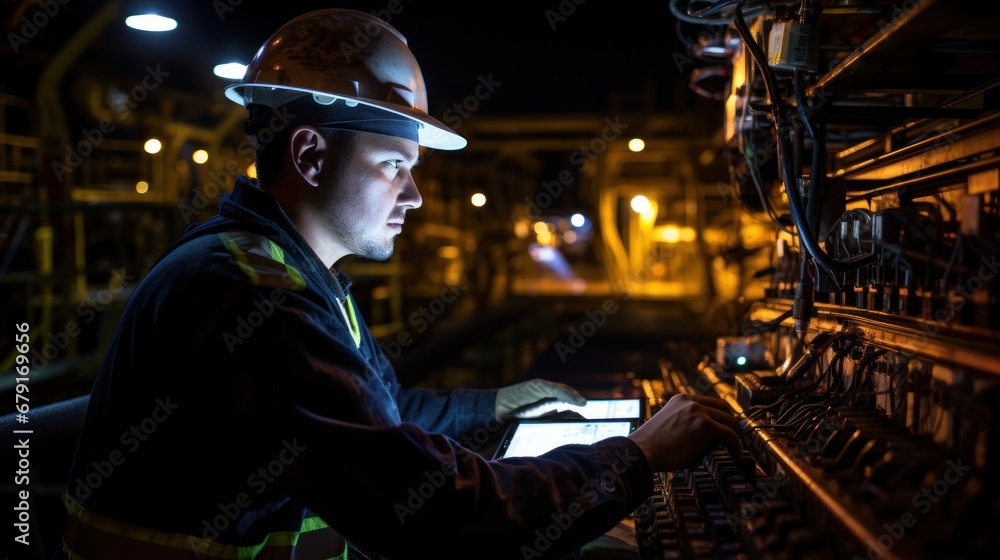 An operator working doing maintenance tasks on an oil An operator working doing maintenance tasks on an oil