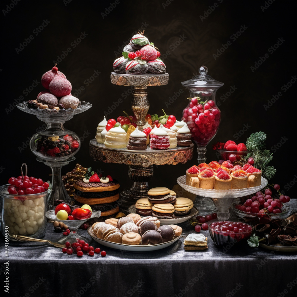 Fotografia con detalle de mesa con varias bandejas y multitud de deliciosos postres