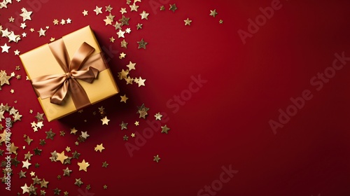 Christmas decorations on red background with stars, top view with space for text © Idressart