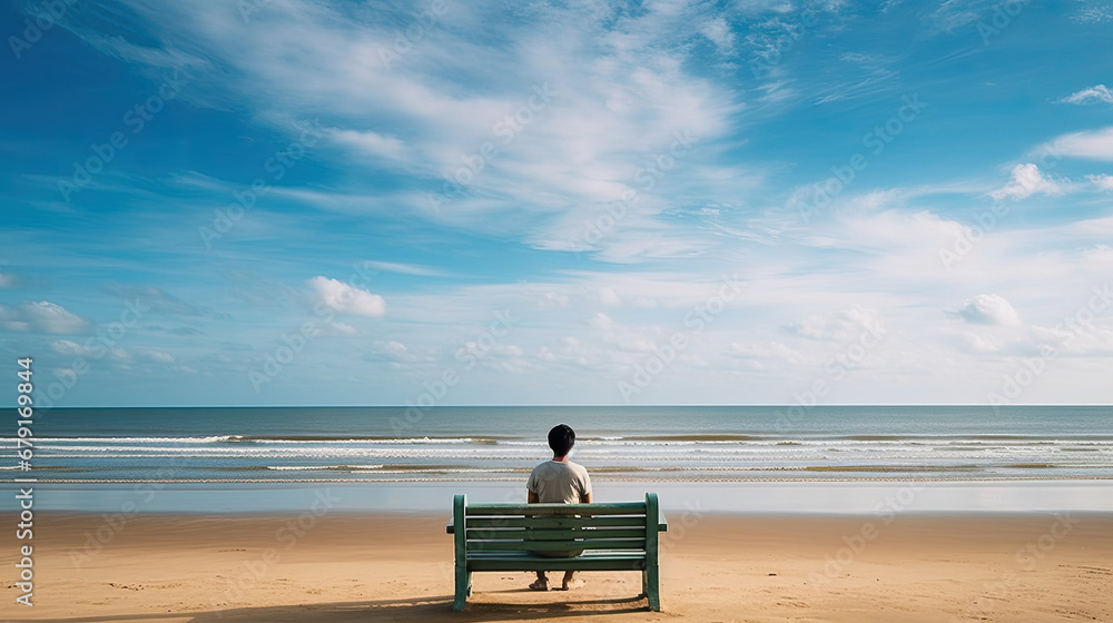 A Person Sitting on A Wooden Bench on The Beach, behind view