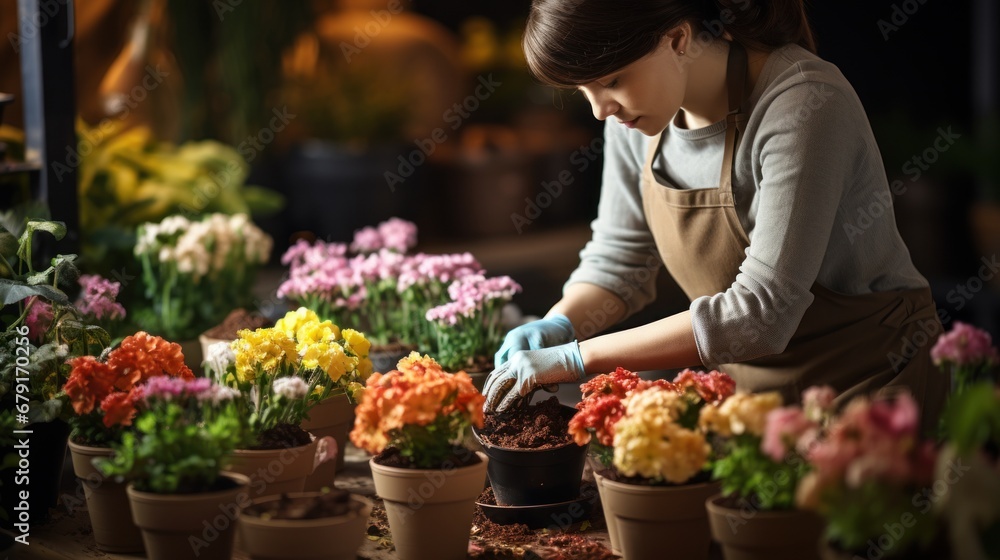 gardening and housework concept - woman in gloves planting pot flowers