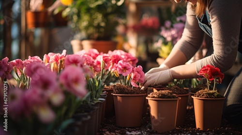 gardening and housework concept - woman in gloves planting pot flowers