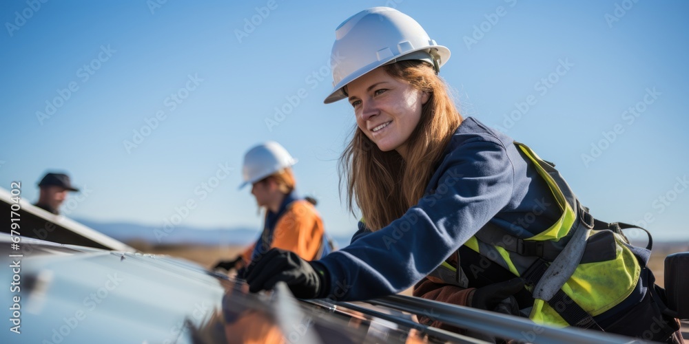 Professional female installer of photovoltaic solar panels at work