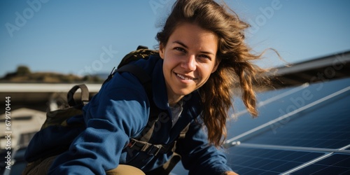 Professional female installer of photovoltaic solar panels at work