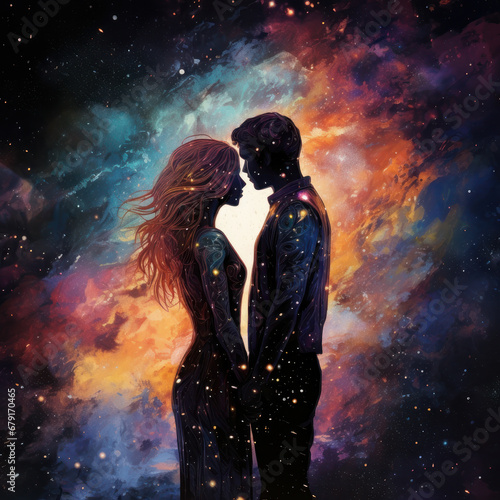 Abstract Love in Space: Nebula, Galaxies, and Young Couple Silhouettes. ai generative