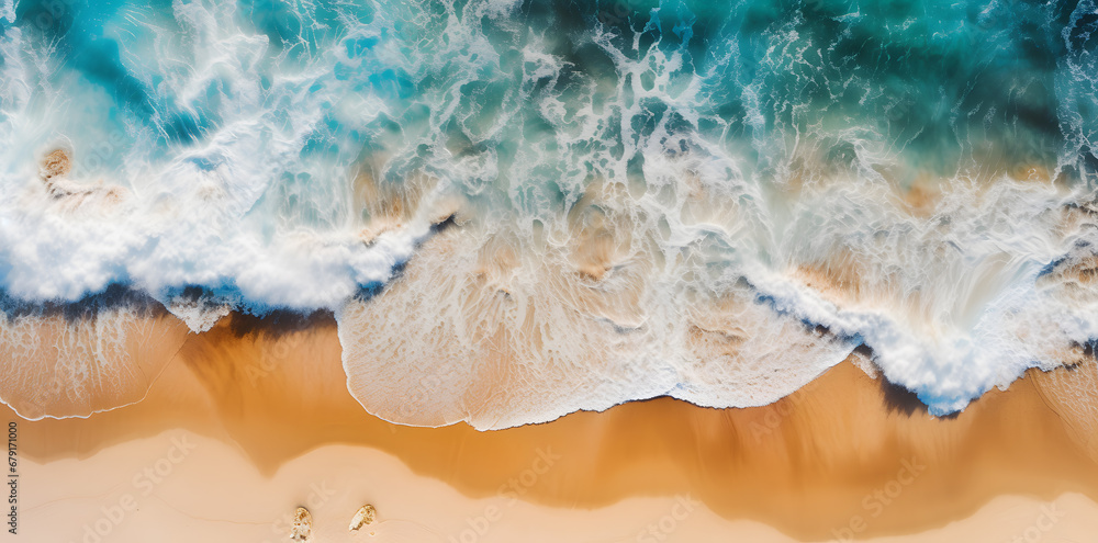 Fototapeta premium Top view sand beach, blue ocean waves photo