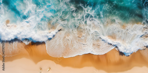 Top view sand beach, blue ocean waves photo