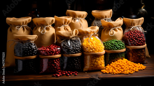variety of colorful legumes in jars