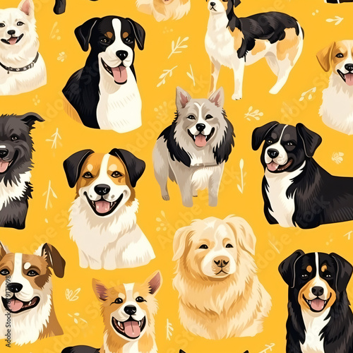 Seamless pattern cute dog animals on yellow background