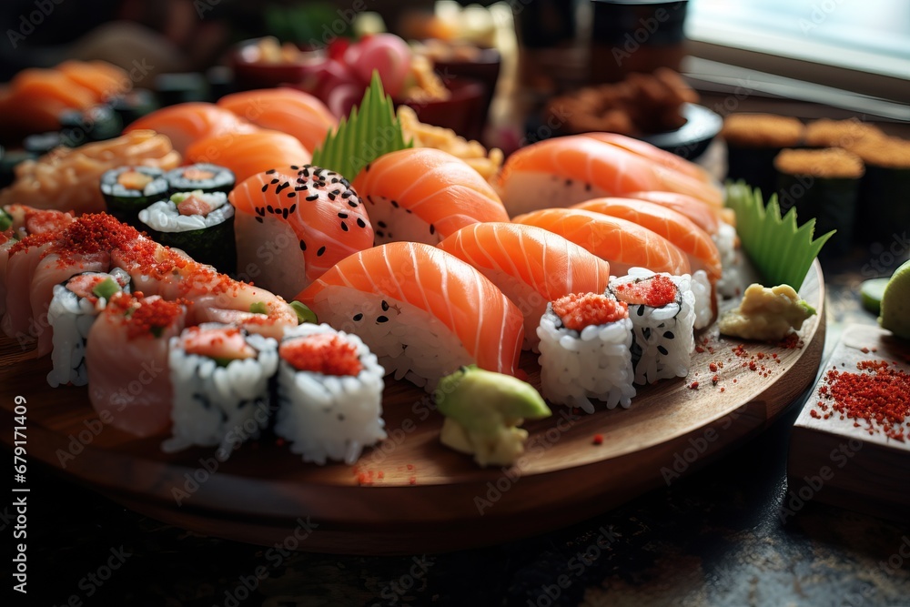 Set of sushi roll, highlighting the artistry of sushi presentation Set of sushi roll, highlighting the artistry of sushi presentation