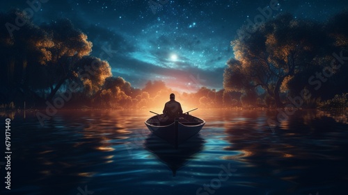 Surreal concept man rowing boat glow high resolution Ai generated Beautiful art