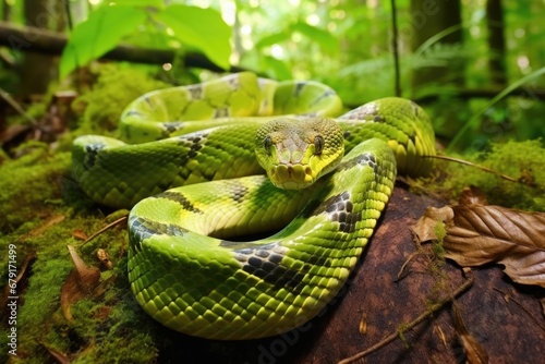a snake on a leave in a rainforest
