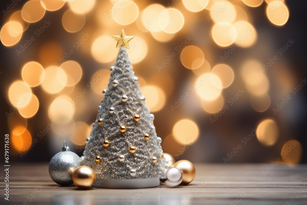 little silver christmas tree on a blurred background