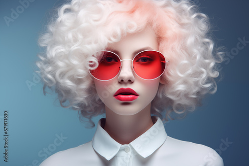 Close up portrait of young albino woman with bright red lips and short curly hair wears red glasses