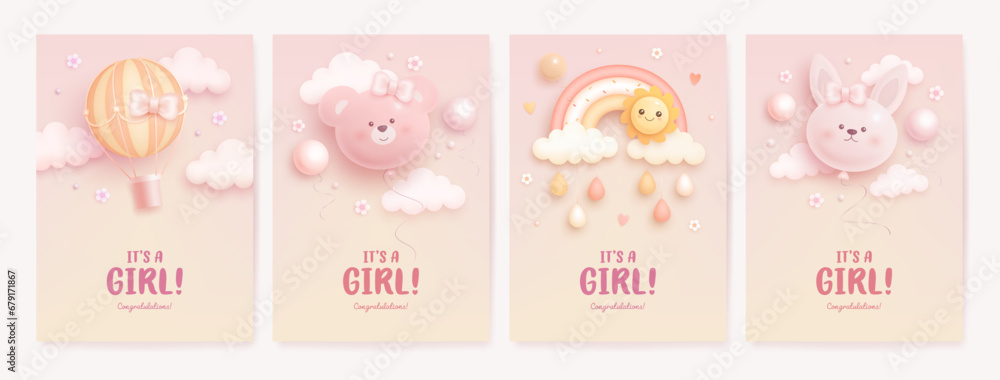 Set of baby shower invitation design template with cartoon hot air balloon, rainbow, sun, clouds, bear and bunny. Its a girl. Vector illustration Set of baby shower invitation design template with cartoon hot air balloon, rainbow, sun, clouds, bear and bunny. Its a girl. Vector illustration