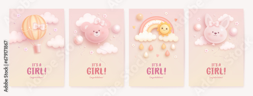 Set of baby shower invitation design template with cartoon hot air balloon, rainbow, sun, clouds, bear and bunny. Its a girl. Vector illustration