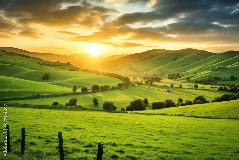 a soft-hued sunrise over rolling green hills