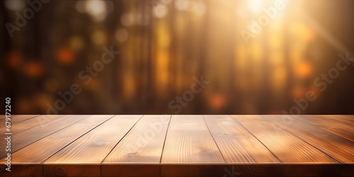 Natural elegance. Empty vintage wooden table in heart of nature. Serenity in wood. Sunlit tabletop embraced by lush greenery. Forest retreat in sunlight