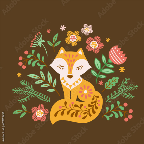 Vector hand drawn illustration of animals in Nordic style lagom. Silhouette of red patterned fox among flowers on dark blue background