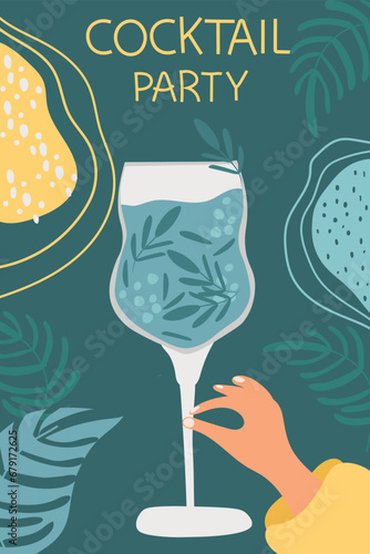 A banner with an alcoholic cocktail in the hands of a woman for a cocktail party celebration on a dark background. Perfect for designing flyers, posters, banners, packaging, menus, celebrations.