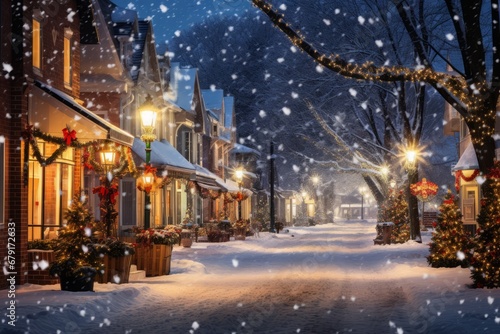 The Magic of the Holiday Season Captured in a Snow-Covered Village Square on Christmas Eve