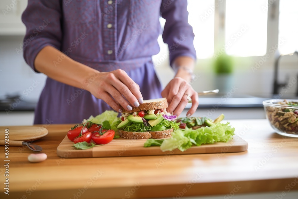 woman in apron arranging her fresh tuna salad sandwich