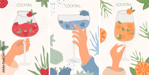 Vector set of assorted cocktails in flat design. Collection includes classic drinks in diverse glasses suitable for menus. Features both non-alcoholic and alcoholic beverages, for holiday celebration