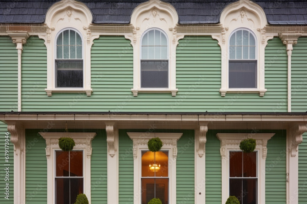 raindrops on dormer windows of a colonial revival house