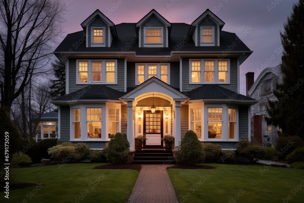 two-story colonial house, symmetrical windows highlighted under twilight two-story colonial house, symmetrical windows highlighted under twilight