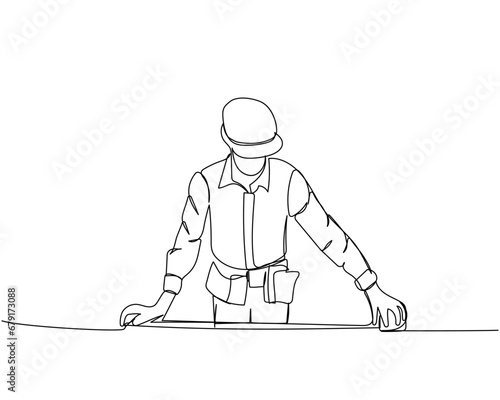 Builder in working uniform and hard hat measures material with tape measure, protective overalls, safety one line art. Continuous line drawing of repair, hand, people, concept, support, maintenance.