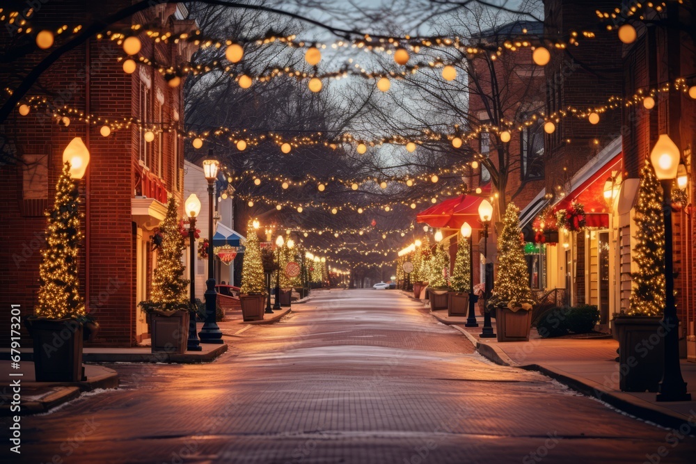A picturesque view of a town's main street adorned with sparkling Christmas garlands - obrazy, fototapety, plakaty 