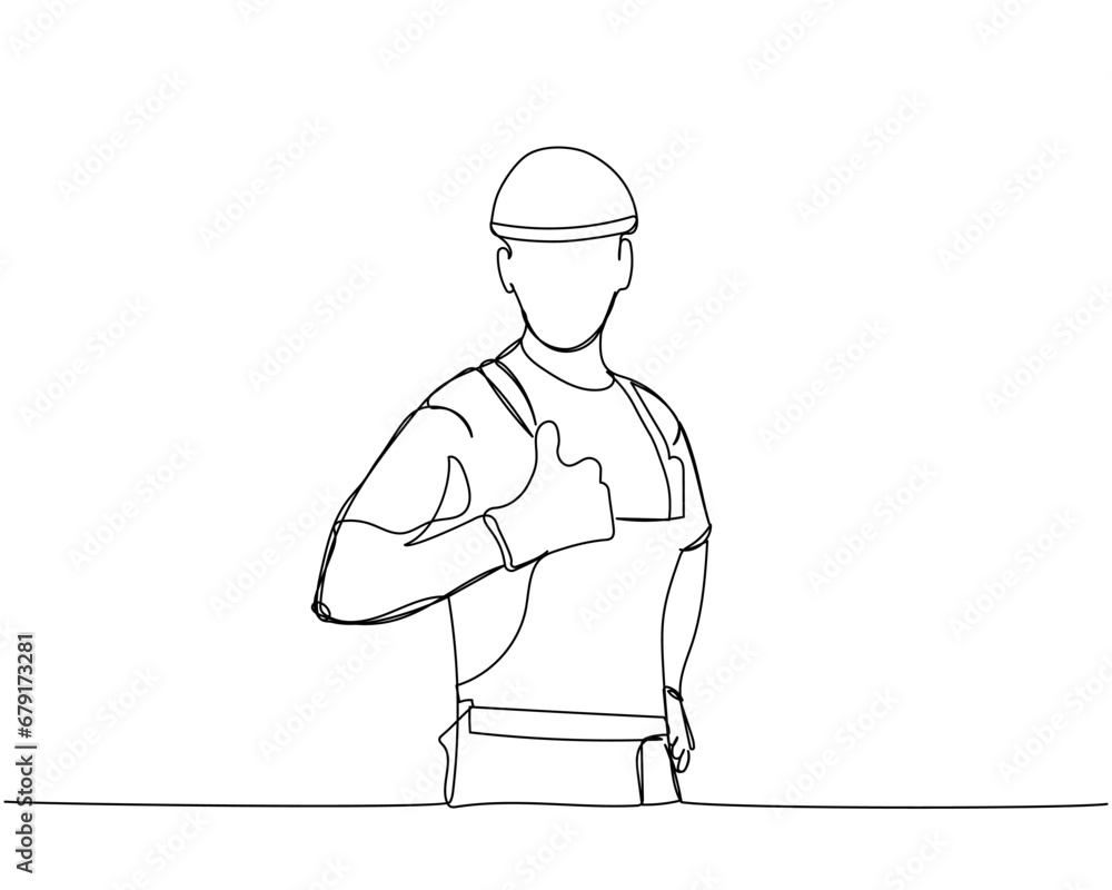 Satisfied builder in working uniform, protective overalls, hard hat, safety one line art. Continuous line drawing of repair, professional, hand, people, concept, support, maintenance.
