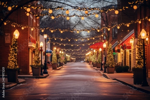 A picturesque view of a town's main street adorned with sparkling Christmas garlands photo