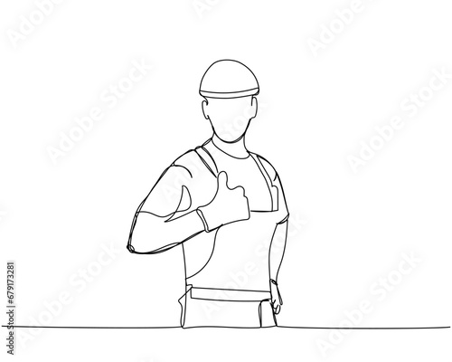 Satisfied builder in working uniform, protective overalls, hard hat, safety one line art. Continuous line drawing of repair, professional, hand, people, concept, support, maintenance.