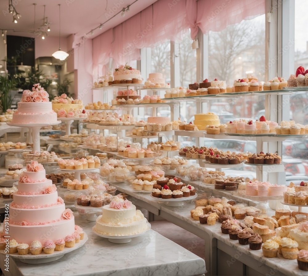 A lot of different cakes on the counter of a cafe or restaurant