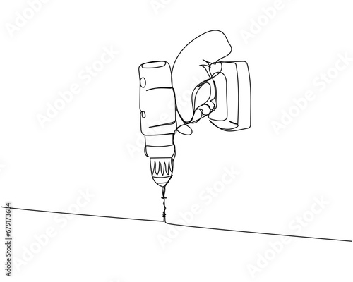 Screwdriver in hand, tighten screws, make a hole hole in the material one line art. Continuous line drawing of repair, professional, hand, people, concept, support, maintenance.