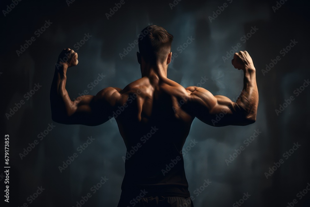 Muscular male bodybuilder shows his muscles. Generative AI