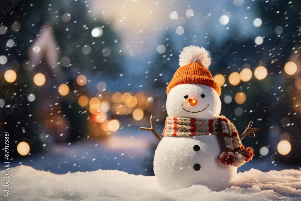 Fototapeta premium In the heart of winter's chill is a joyful snowman with a vibrant carrot nose under the glow of Christmas lights