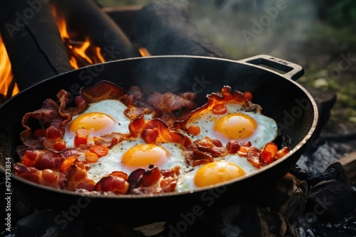 Scrambled eggs being cooked on fire in forest close-up. Generative AI