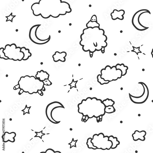 Doodle sleepy night pattern with sheep, moon, clouds, stars. Cute baby seamless background, texture for textile, banner, apparel