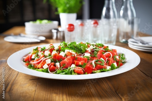 freshly made watermelon and feta salad on a dining table