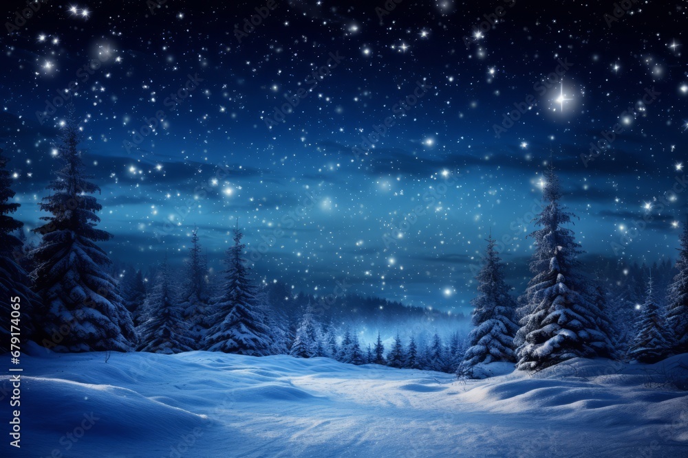 A serene winter scene on Christmas Eve showcasing a star-filled night sky and a beautifully decorated snowy landscape