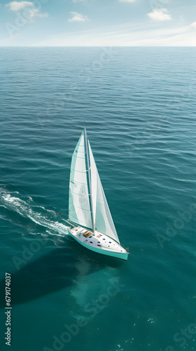 Top view of a sailing boat in the ocean