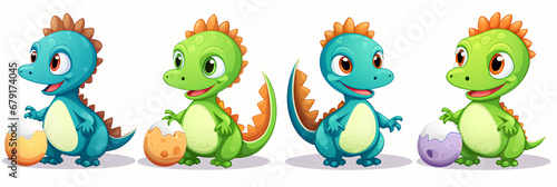 Set of cute young dinosaur or dragon with eggs cartoon