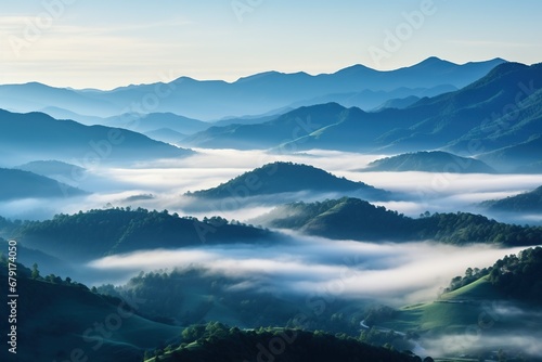 Beautiful landscape of mountains in foggy morning. Beauty in nature.