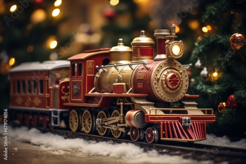 Festive Holiday Setting with a Toy Train Making its Journey Underneath a Sparkling Christmas Tree
