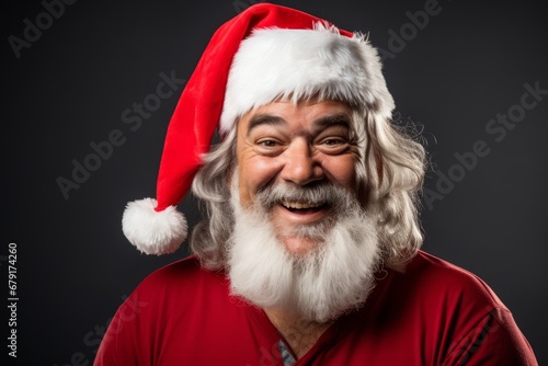 A merry portrait of a man winking playfully at the camera in his Santa hat