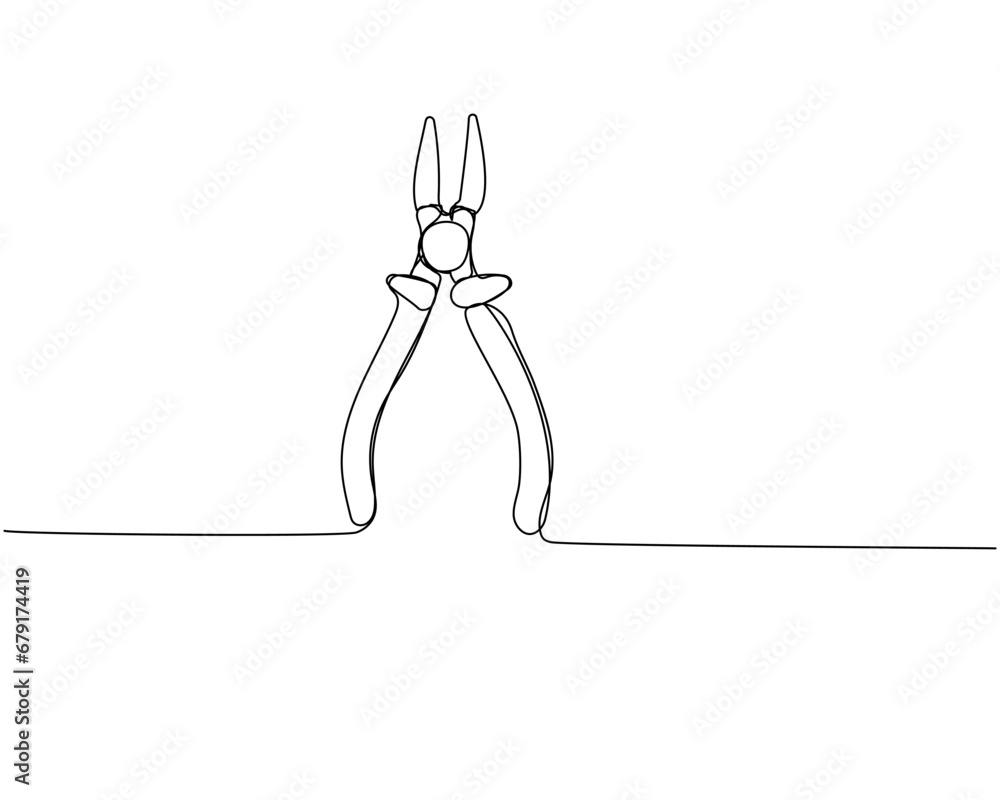 Construction wire cutters, pliers, vise grip, swagers one line art. Continuous line drawing of repair, professional, hand, people, concept, support, maintenance.